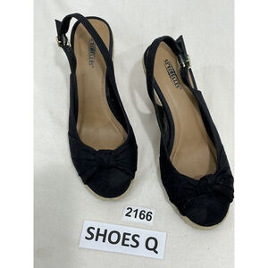 Womans Seychelles Willshire Wedge Black Fabric Peep Toe Cork Heel Sandal 8.5 M